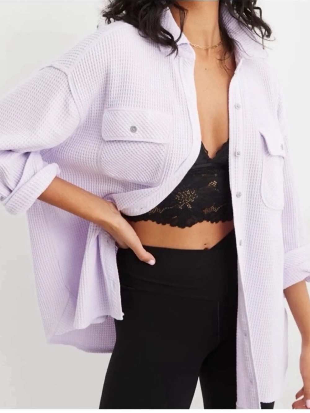 aerie Soft Lilac Waffle-Knit Button-Down Shirt Jacket